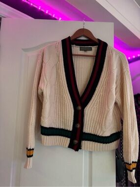 Honey Black Red-Trim Cream Cable Knit Cardigan Sweater